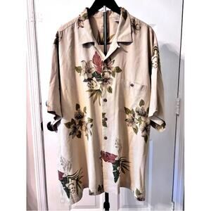 LUAU Hawaiian Camp Shirt Mens 2XL Floral Leaf Light Sage 100% Silk
